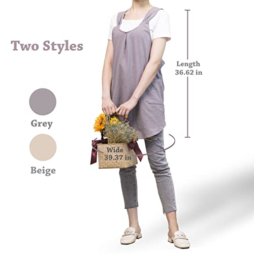 Japanese Apron for Women with 2 Roomy Pockets Linen Cross Back Aprons Cute Pinafore Dress For Kitchen Cooking Baking Work Gardening Painting Crafting Grey (Grey)