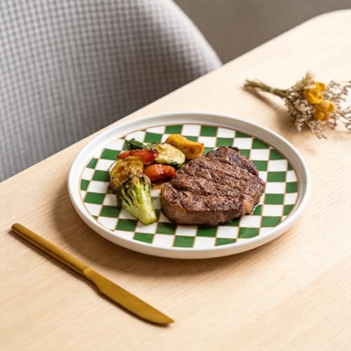 Ceramic Checkered Serving Plate with Gold Accent (Green)