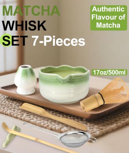 Matcha Set 7PCS Matcha Whisk Set with Bamboo Whisk for Matcha Starter (Gradient Light Green)