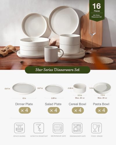 Star Stoneware Dinnerware Sets with Pasta Bowls (Matte White)
