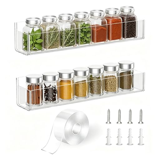 Adhesive Acrylic Spice Rack Organizer for Wall with Nano Double Sided Tape (2 Pack-12" (Rack Only) / Clear)