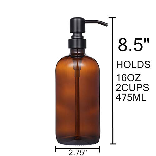 2 Pack Thick Amber Glass Pint Jar Soap Dispenser with Matte Black Stainless Steel Pump (Matte Black)