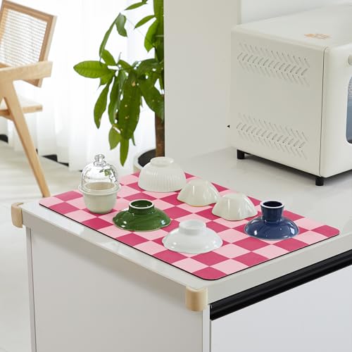 Checkered Dish Drying Mat for Kitchen Counter (Hot Pink / 24" x 16")