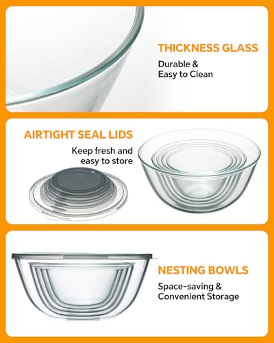 Glass Mixing Bowls with Lids Set of 5 (Transparent)