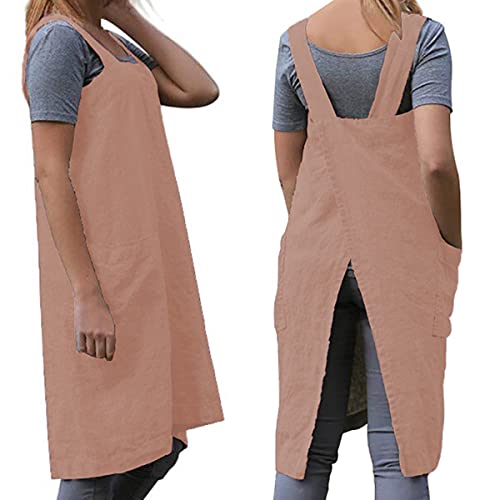 Cotton Linen Apron Blend Dress with Big Pockets for Women Square Pinafore Dress for Baking Cooking BBQ & Grill (Rouge Pink / 3X-Large)