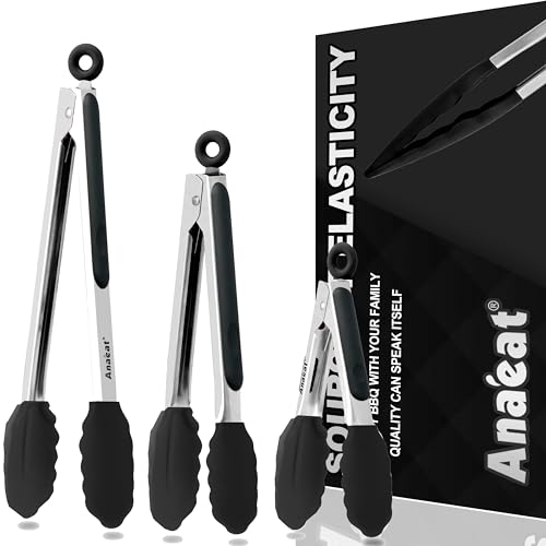 Non Stick Silicone Locking Tong Set of 3 (7+9+12 Inch / 3 Pcs Silicone - Black)