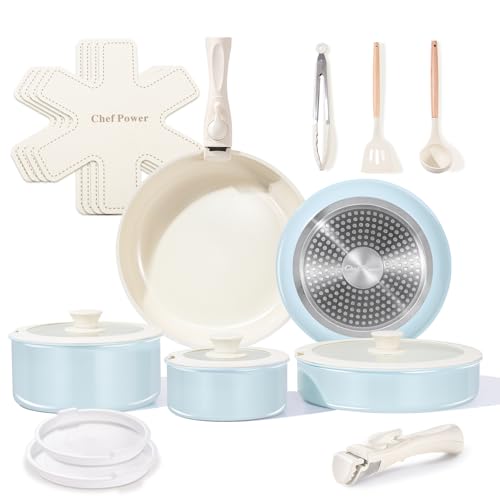 Ceramic Nonstick Pots and Pans Set 19 Piece with Detachable Handle (Light Blue)