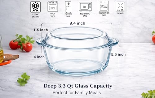 3.3 Quart Glass Casserole Dish with Lid (3.3 Qt)