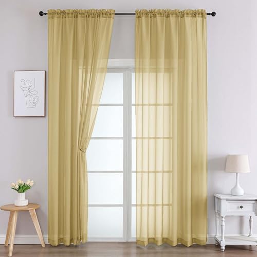 Gold Sheer Curtains 90 Inches Long 2 Panels Set for Bedroom Living Room (Gold / 59"W x 90"L (Pack of 2))