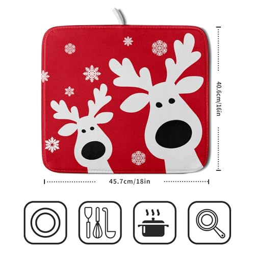 Xmas Dish Drying Mat for Kitchen Counter Cute Reindeer Holiday Snowflake Microfiber Absorbent Dish Draining Reusable Washable Foldable 16"x18" (18" x 16")