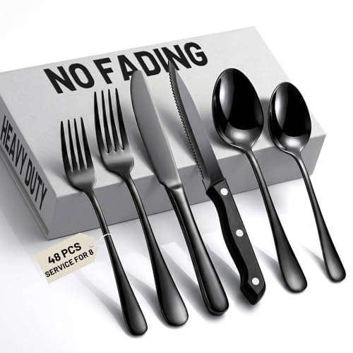 48 PCS NO FADING Black Silverware Set with Steak Knives (Black / 48 Pack for 8)