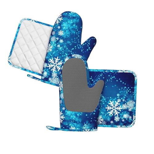 Oven Mitts and Pot Holders Blue Snowflake Winter Christmas Silicone Kitchen Accessories Set of 4 Heat Resistant Long Gloves Potholder Non (A063218)