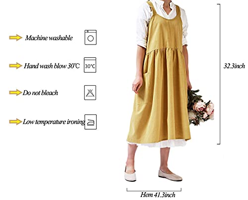Women Girls Vintage Cute Apron Gardening Works Cross Back Cotton (Yellow / 32.3" x 41.3")