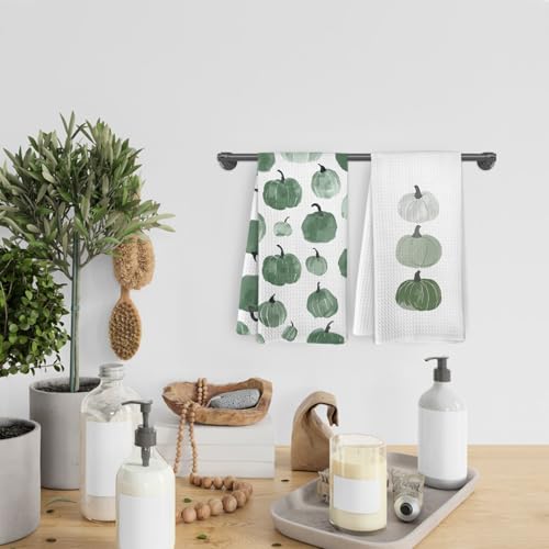 Green Pumpkins Fall Decor Kitchen Towels and Dishcloths Set of 2 (Green Pumpkins)