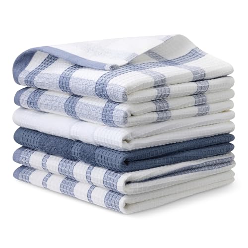 Organic Cotton Waffle Kitchen Dish Towels (4 Navy Strip/Checker, 1 White, 1 Navy Solid / 15 x 25 inches)