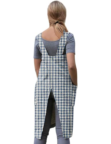 Women's Plaid Cross Back Apron with Large Pockets Home Kitchen (Medium / Plaid4)