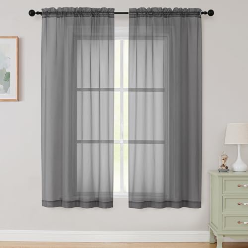 Sheer Grey Curtains for Bedroom Living Room 63 Inch Length 2 Panels (Grey / 42"W x 63"L (Pack of 2))