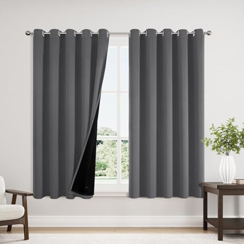 100% Blackout Curtains for Bedroom 63 Inches Long 2 Panels Set (60"W x 63"L (Pack of 2) / Grey)