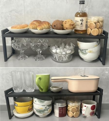 2 Pack Expandable Cabinet Shelf 5.1"D Adjustable Counter Riser Rack Black (Black / 5.1"D (narrow) - 2 Pack)