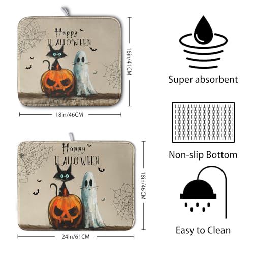 Happy Halloween Dish Drying Mat for Dishs 16x18 Inch Halloween Pumpkin Ghost Black Cat Kitchen Drying Mat Spooky Spiderweb Holiday Dish Drainer Mat Super Absorbent Dish Rack Pad for Coffee Bar Sinks (Happy Halloween / 16" x 18")