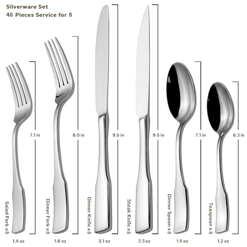 Kate 48 Piece Silverware Set with steak knife Service for 8 (Silver / 48 pieces for 8)