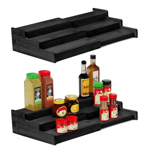 Spice Rack 3 Tier Natural Bamboo (Black-2 Pack)