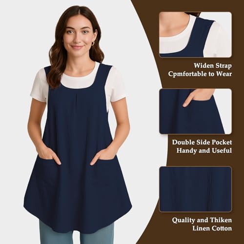 Apron for Women with Pocket Cotton Linen (Navyblue)