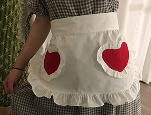 Waist Apron Kitchen Cooking Restaurant Cotton Bistro Half Aprons with Pockets For Girl Woman (White With Red Hearts)