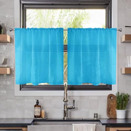 Solid Sheer Rod Pocket Curtain Voile Draperies 2 Panels White Beige Black Ivory Grey 22 Inch Width 50 Inch Long 1 Pair for Kitchen Bedroom Children Living Room Yard (Cyan Blue / 22"W x 50"L (Pack of 2))