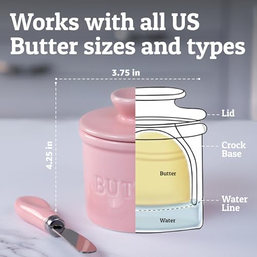 Butter Crock with Lid for Countertop with Spreader Knife and Water Line (Pink / Regular)