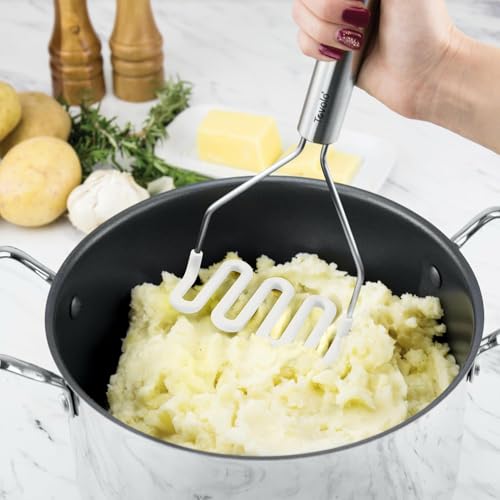 Silicone Cooking Utensil Set of 6 Stainless Steel Handle Ladle Slotted Turner Tongs Flex Core Spatula Scraper Mixing Spoon & Potato Masher (White)