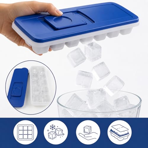 2-Pack No-Spill Ice Cube Trays with Lids – BPA-Free, Easy Release & Stackable Freezer Trays – Covered Ice Molds for Drinks, Whiskey, Cocktails, and Juice – Blue