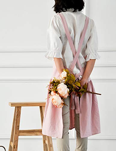 Japanese Cotton Cross Back Pinafore Apron for Women with Pockets Pink (10 - Pink With Waist Ties)