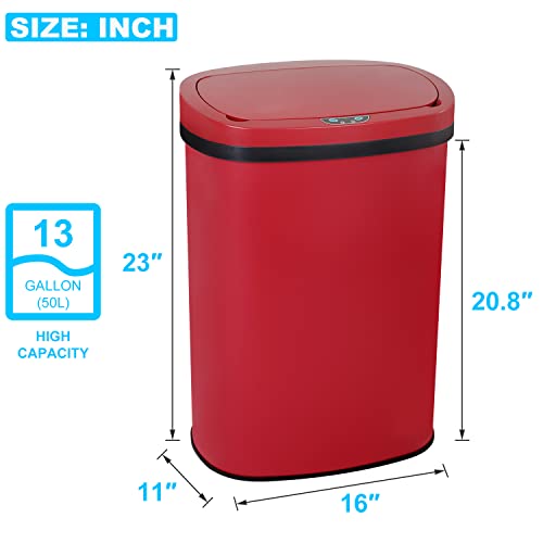 13 Gallon 50L Touch Free Automatic Stainless Steel Trash Can Garbage Can Metal Trash Bin with Lid for Kitchen Living Room Office Bathroom (Red)