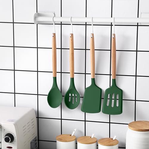 Non Stick Silicone Utensil Set with Rounded Wood Handles for Cooking and Baking (14 Piece Set / Green)