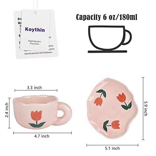 6oz Irregular Saucer Ceramic Mug (Pink Tulips)