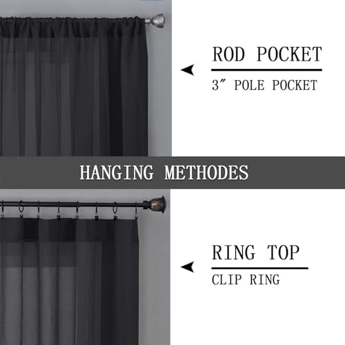 Short Sheer Curtain Living Room Linen Textured Curtains Sheer Light Filtering Voile Rod Pocket Curtain for Bedroom (38"W x 54"L (Pack of 2) / Black)