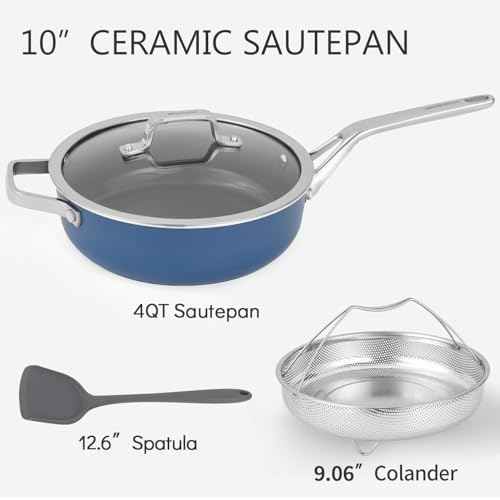10-in-1 Blue Ceramic Nonstick Deep Saute Pan Set With Steamer & Lid, 4QT (Blue)
