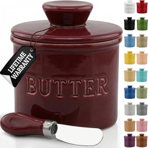 Butter Crock with Lid for Countertop with Spreader Knife and Water Line (Winery / Regular)