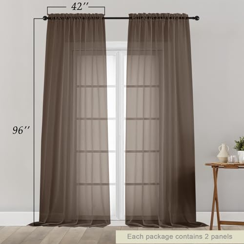 Chocolate Sheer Curtains for Bedroom Living Room 96 Inches Long 2 Panels (Chocolate / 42"W x 96"L (Pack of 2))