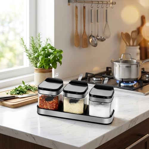 Condiment Jar Spice Container with 304 Stainless Steel Lids and Spoons (3-flavor set)