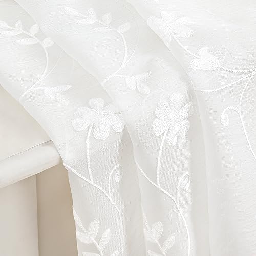 White Sheer Curtains 84 Inches Long 2 Panels White Embroidered Floral Pattern Semi Sheer Window Curtains for Bedroom Living Room (52"W x 84"L (Pack of 2) / White)