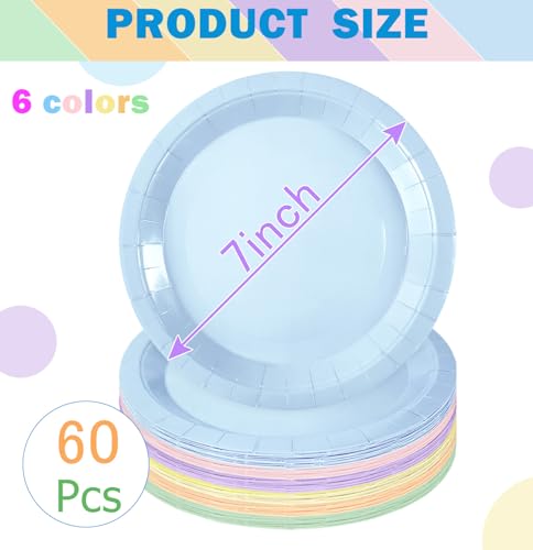60 PCS Pastel Rainbow Paper Plates 7 Inch Disposable Plates Dessert Plates Pastel Rainbow Dinner Plates for Wedding Baby Shower Birthday Party Supplies (Pastel Rainbow / 7 INCH)