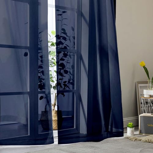 Sheer Navy Blue Curtains for Bedroom Living Room 90 Inches Long 2 Panels Set (Navy Blue / 42"W x 90"L (Pack of 2))