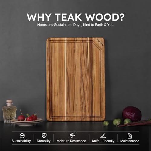 17" Teak Wood Cutting Boards for Kitchen Wooden Chopping Board Non Slip (17"L x 12"W)