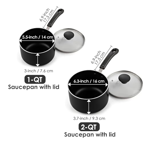 Basic 1 Quart and 2 Quart Nonstick Saucepan Set with Glass Lids (1 Quarts and 2 Quarts / Black)