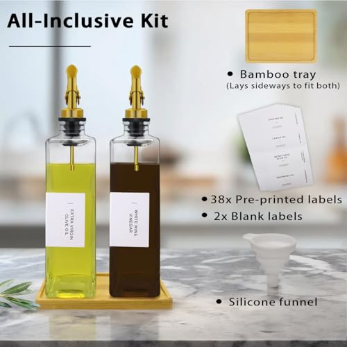 Olive Oil Dispenser Bottle for Kitchen with Bamboo Tray (Clear / 16.9oz, Set of 2)