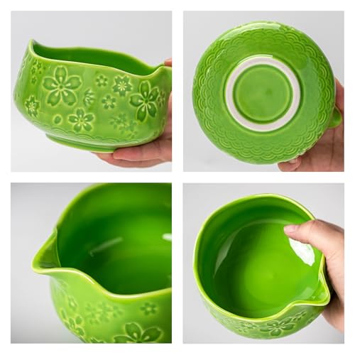 7 PCS Green Matcha Whisk Set (Green Cherry Blossom / 7 pcs/set, Bowl with Pouring Spout)