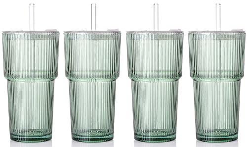 4PCS Green Ribbed Glass Cups with Lids and Straws (Green-4)