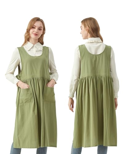 Cotton Apron Women Split Plus Size Bib with Pockets for Cooking (Green)